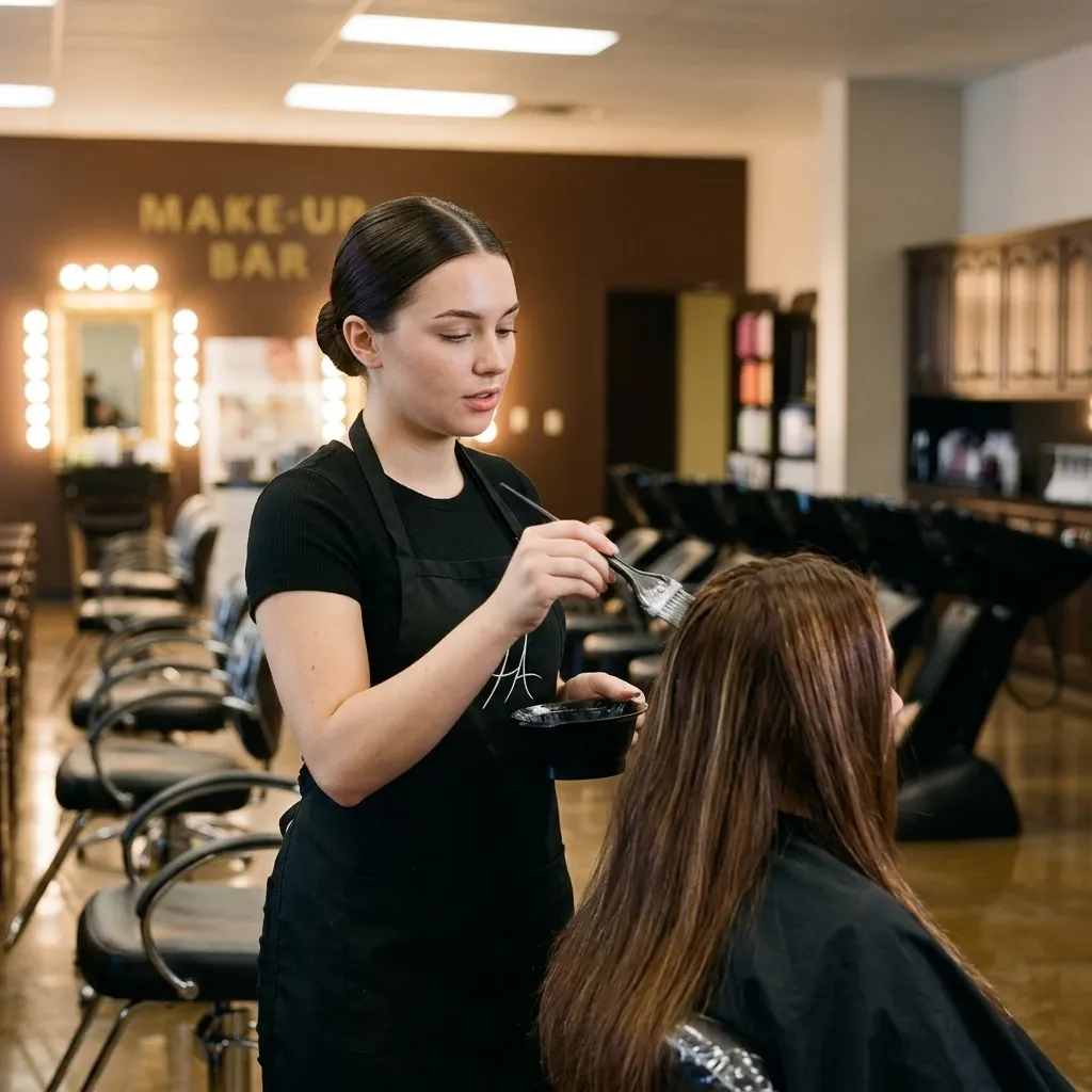 A cosmetology student sectioning hair with a comb and shears