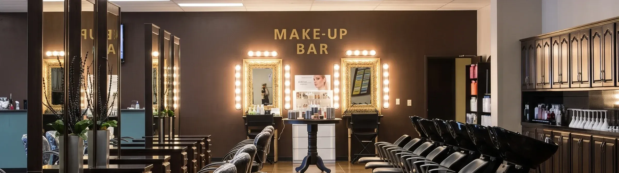 The Salina salon floor, styling stations, shampoo chairs, and the MAKE-UP BAR at the far end