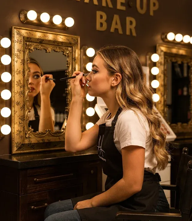 A student working at the MAKE-UP BAR, finishing a classmate's eye makeup