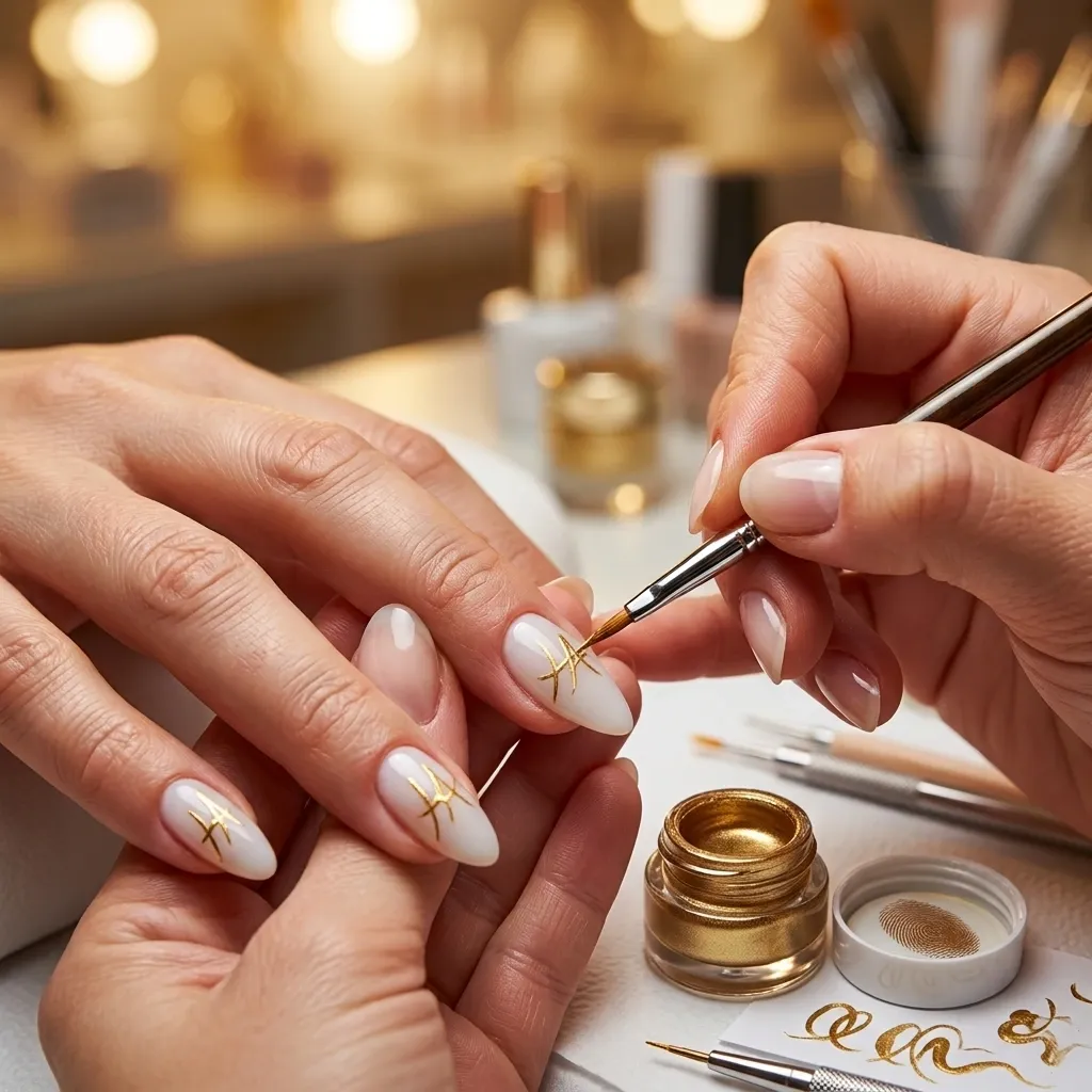 A nail technician paints a fine gold monogram onto an almond-shaped nail.