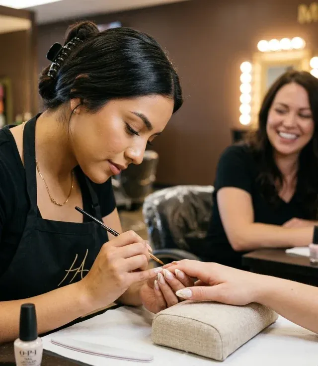 A nail technology student painting a client's nails at the table