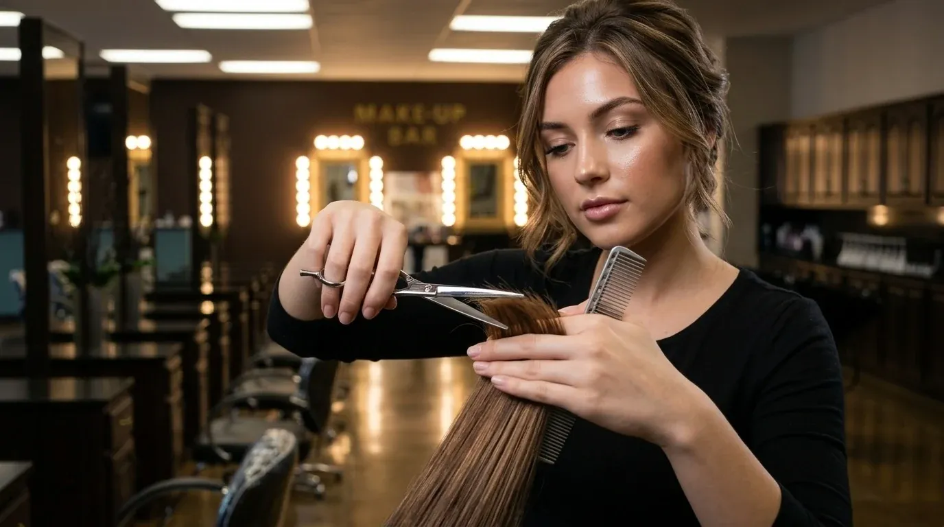 A Hays Academy student sections a client's hair with shears and a comb at the salon mirror.