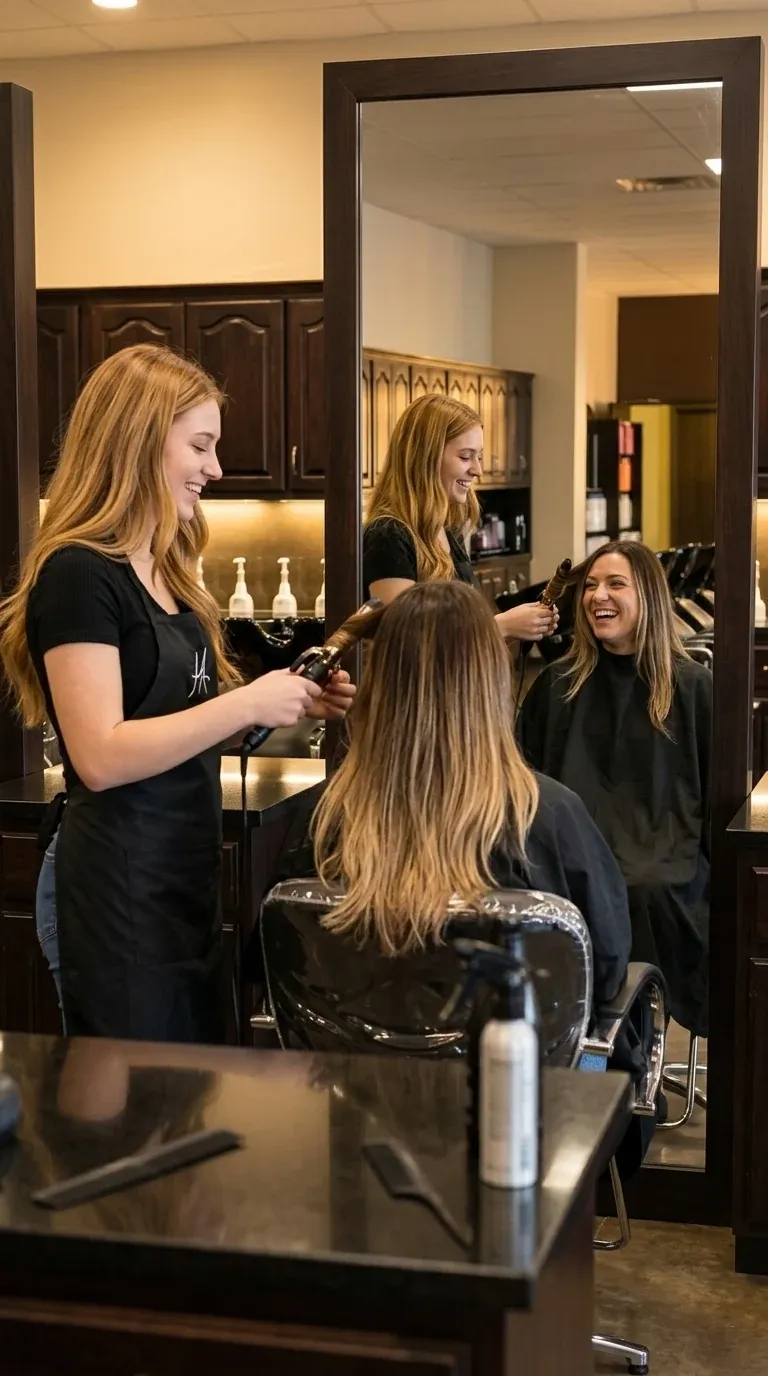 A student styling a guest's hair at the mirror on the salon floor