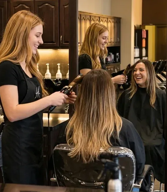 A student curling a client's hair at the styling station, the mirror behind them reflecting her and a second laughing guest